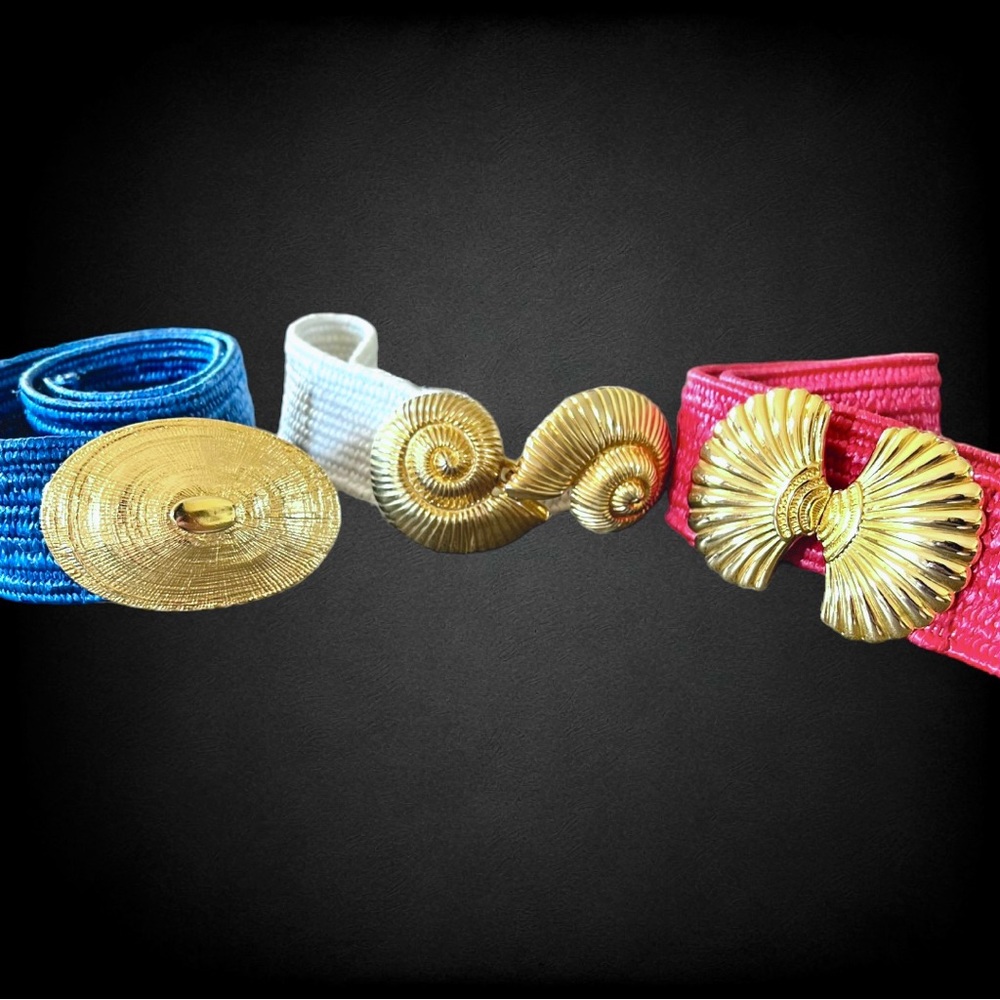 Vintage Lot of 3 Shell Buckle Red, White & Blue Wide Elastic Stretch Cinch Belts - Picture 5 of 10